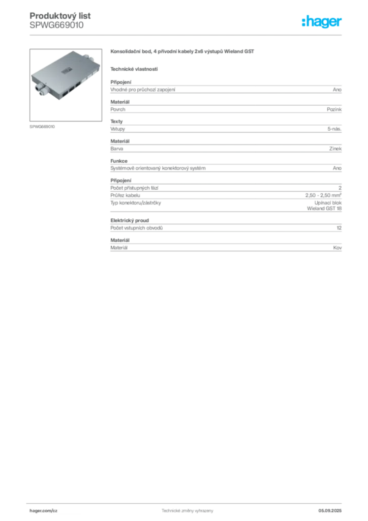 Obrázek Hager Produktový list SPWG669010 | Hager