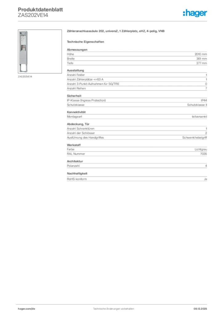 Bild Hager Produktdatenblatt ZAS202VE14 | Hager Deutschland