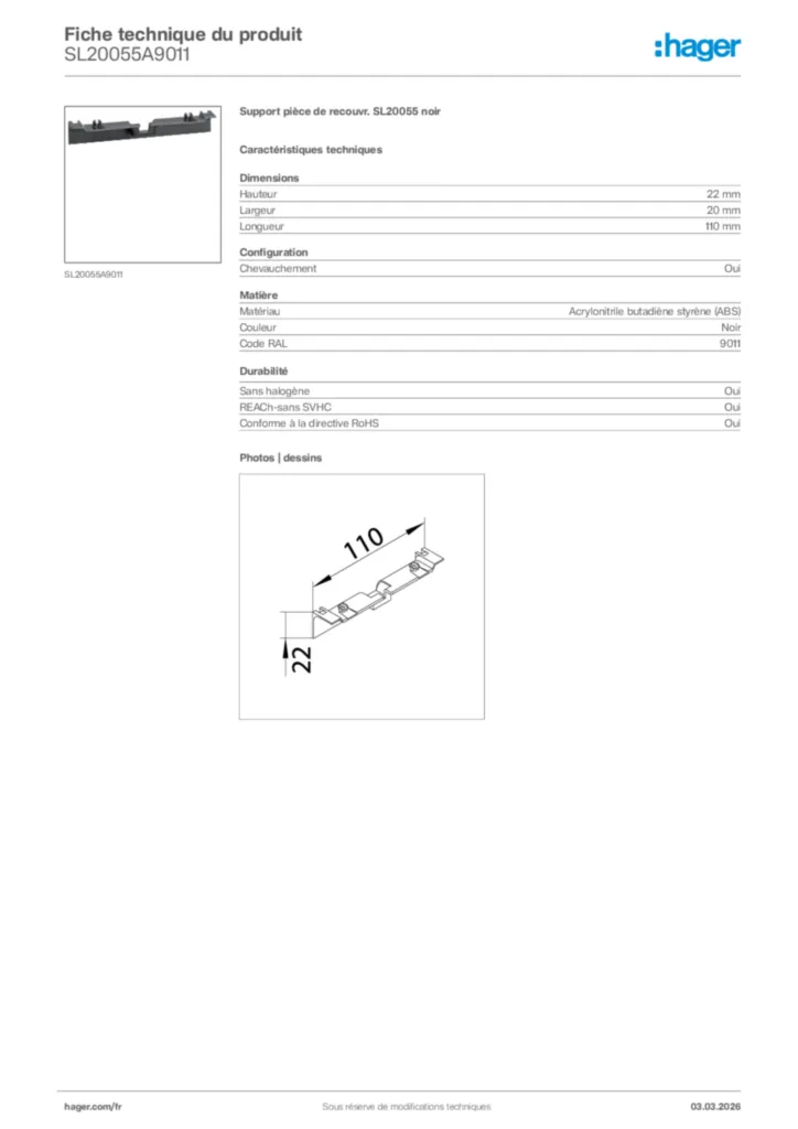 Image Hager Fiche technique du produit SL20055A9011 | Hager France