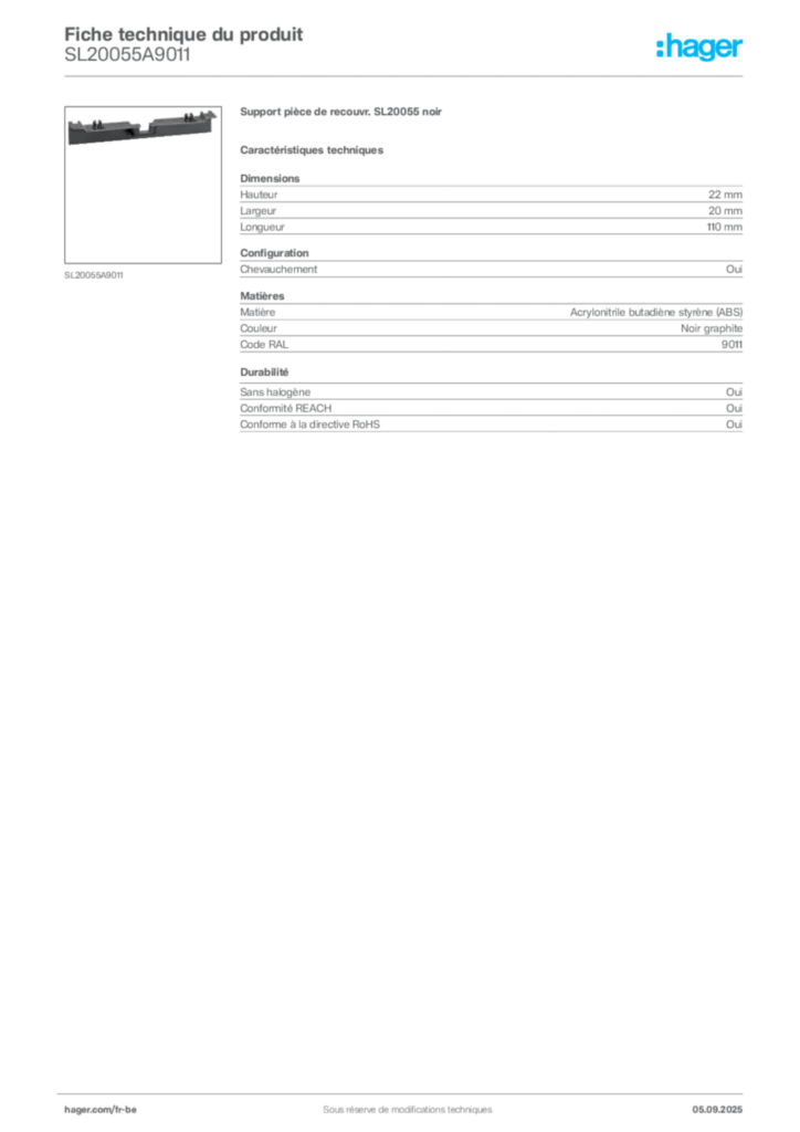Image Hager Fiche technique du produit SL20055A9011 | Hager Belgique