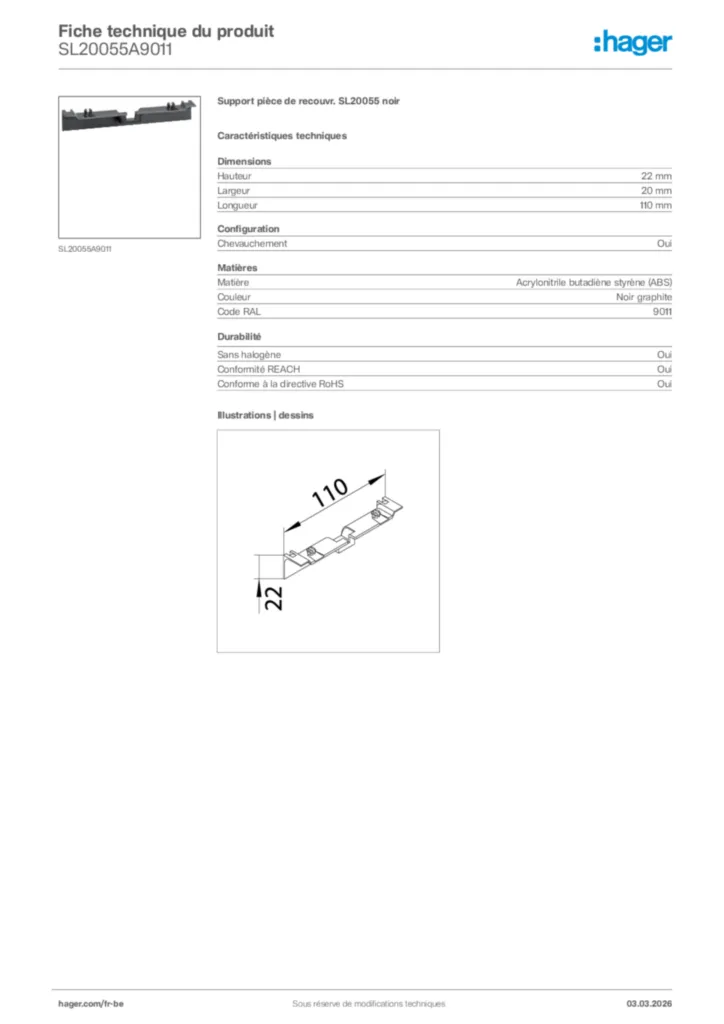Image Hager Fiche technique du produit SL20055A9011 | Hager Belgique