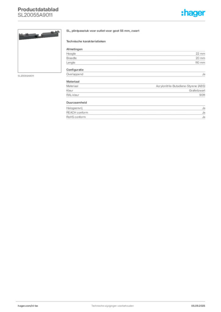 Afbeelding Hager Productdatablad SL20055A9011 | Hager Belgium