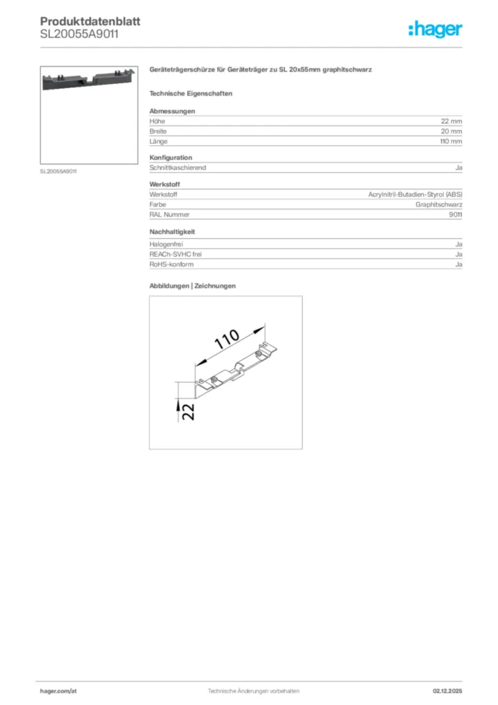 Bild Hager Produktdatenblatt SL20055A9011 | Hager Deutschland