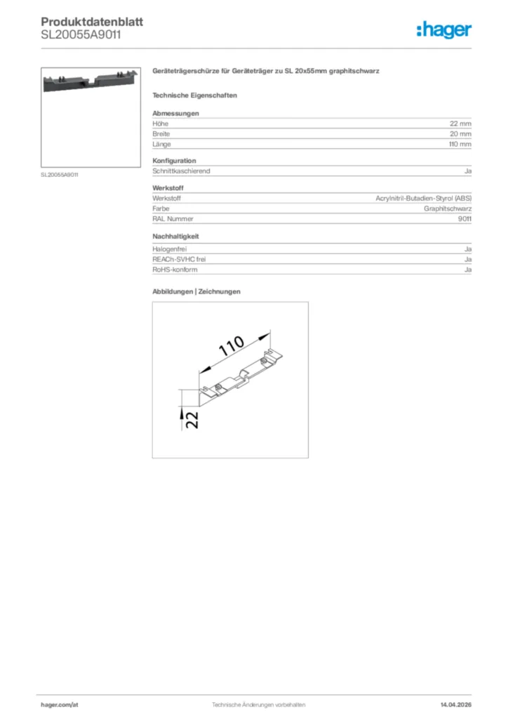 Bild Hager Produktdatenblatt SL20055A9011 | Hager Deutschland