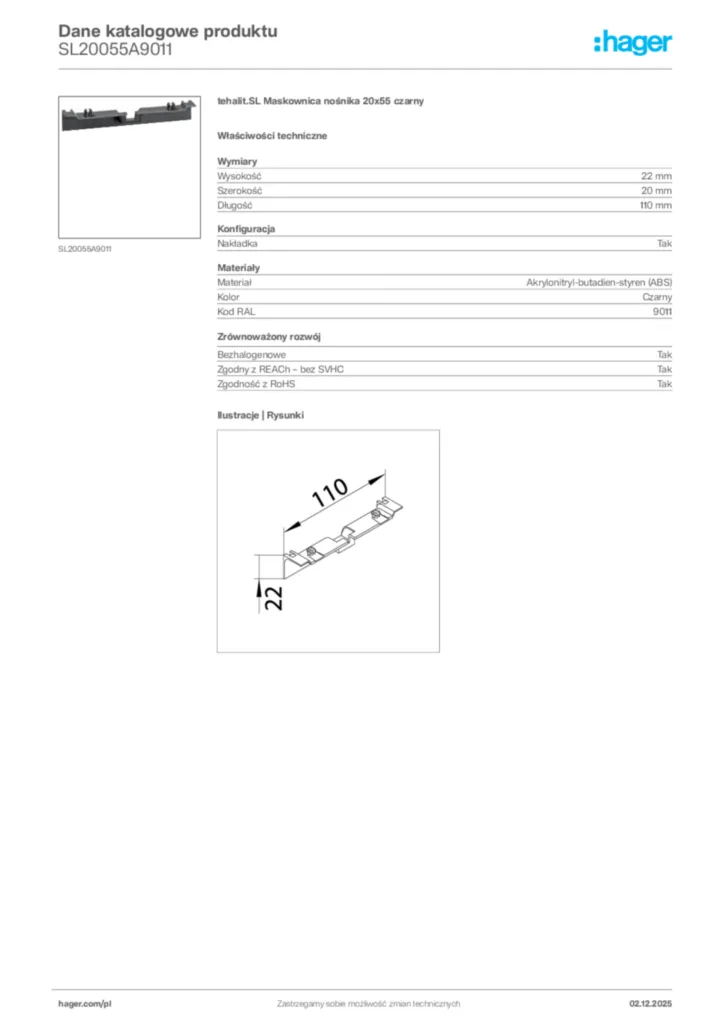 Zdjęcie Hager Dane katalogowe produktu SL20055A9011 | Hager Polska