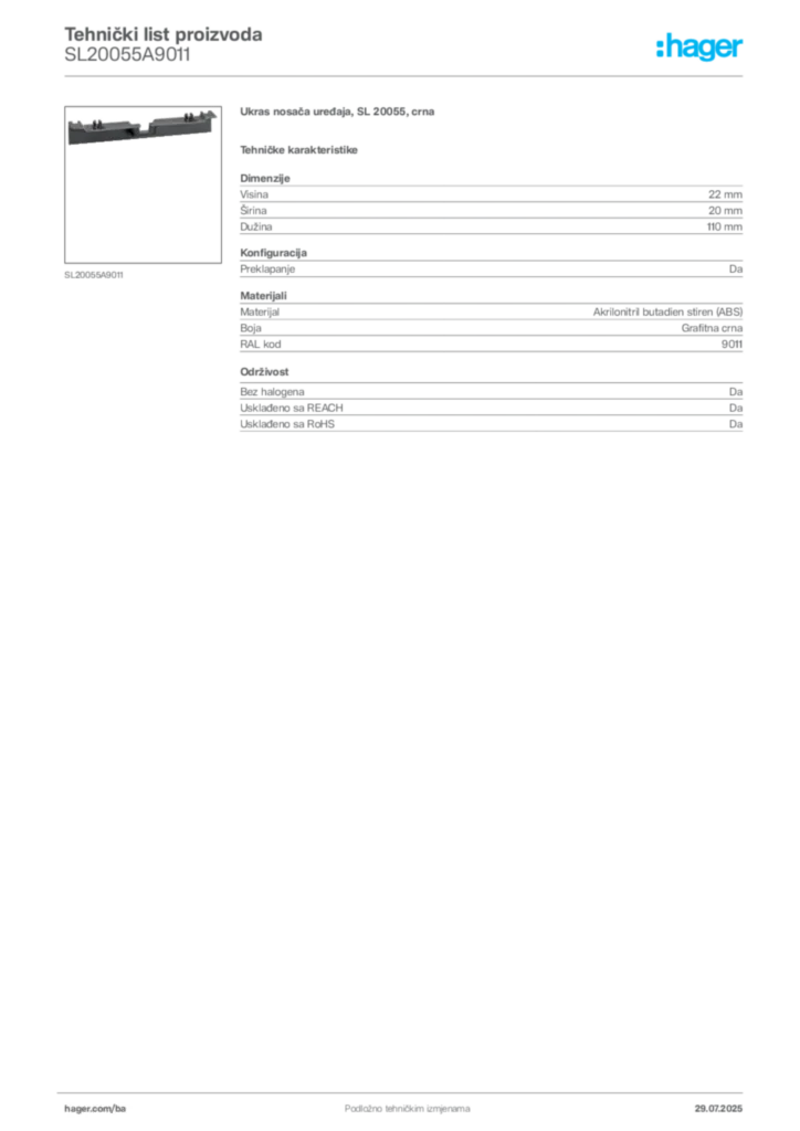 Slika Hager Product data sheet SL20055A9011  | Hager
