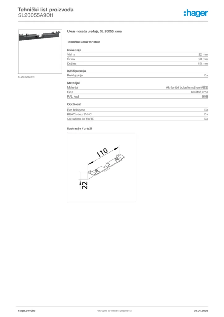 Slika Hager Tehnički list proizvoda SL20055A9011  | Hager