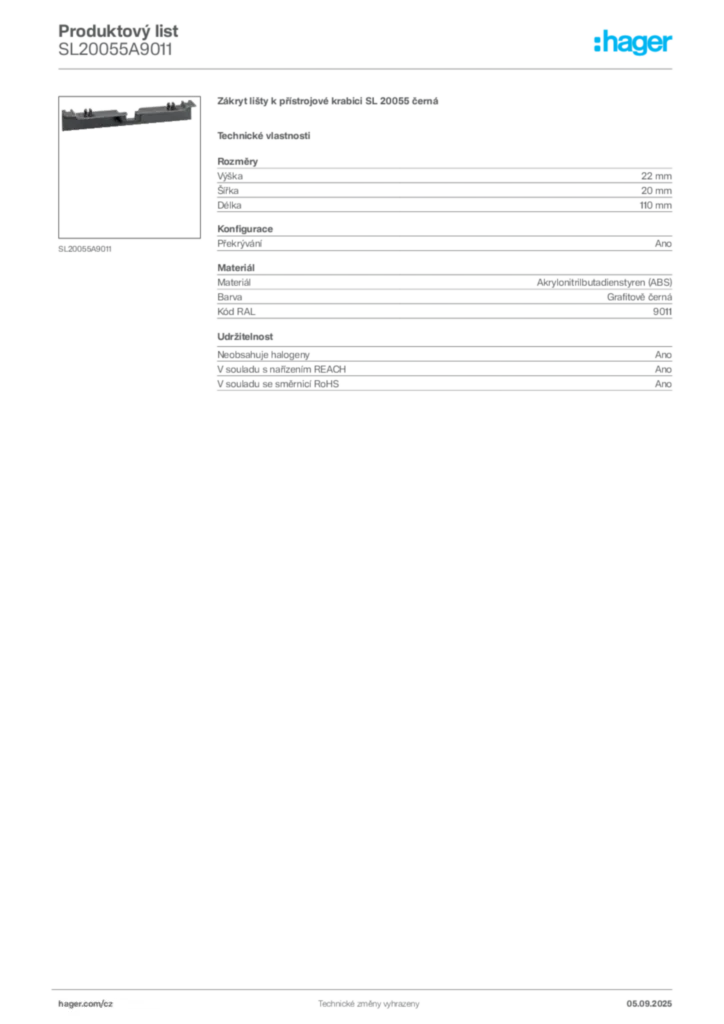 Obrázek Hager Produktový list SL20055A9011 | Hager