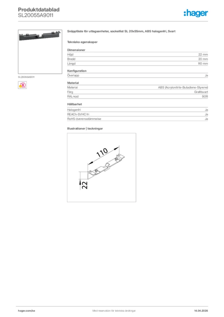 Bild Hager Produktdatablad SL20055A9011 | Hager Sverige