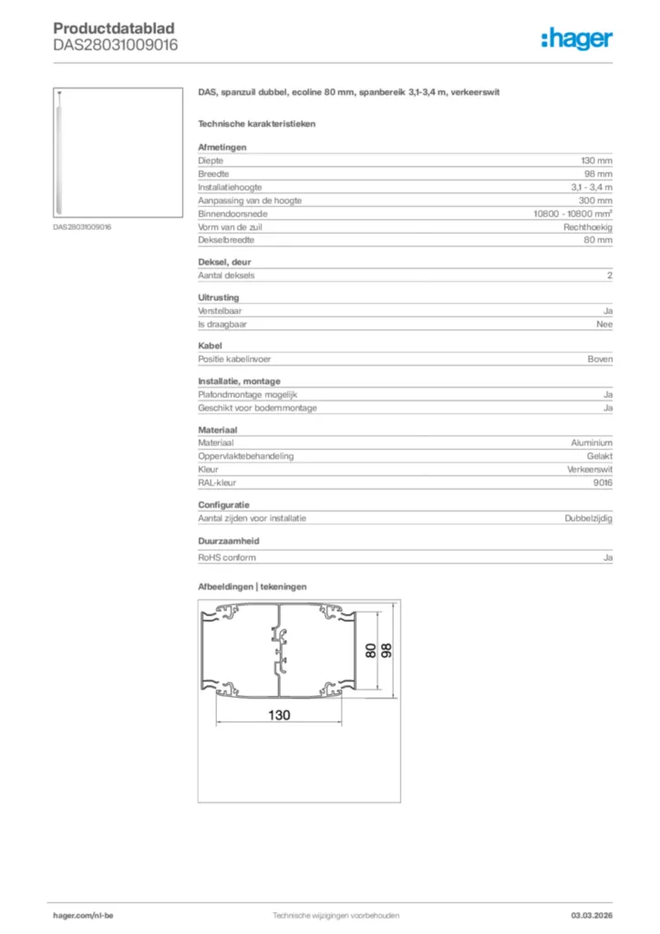 Afbeelding Hager Productdatablad DAS28031009016 | Hager Belgium