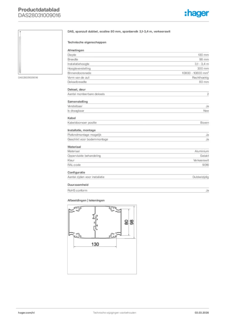 Afbeelding Hager Productdatablad DAS28031009016 | Hager Nederland