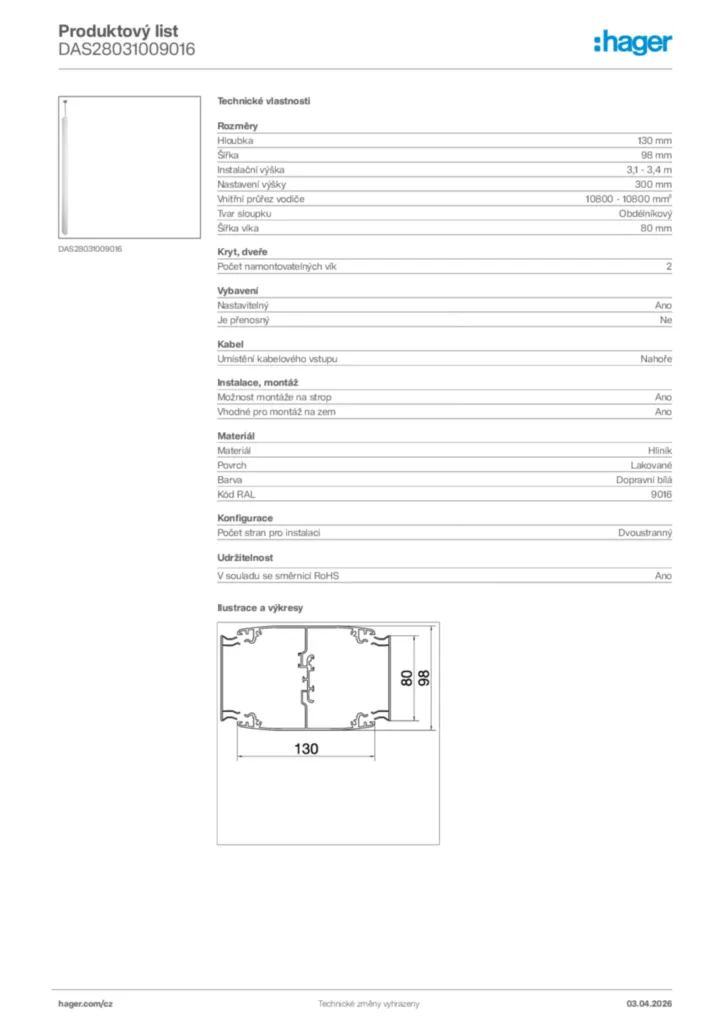 Obrázek Hager Product data sheet DAS28031009016 | Hager