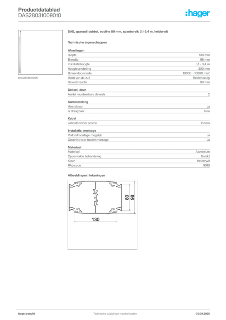 Afbeelding Hager Productdatablad DAS28031009010 | Hager Nederland