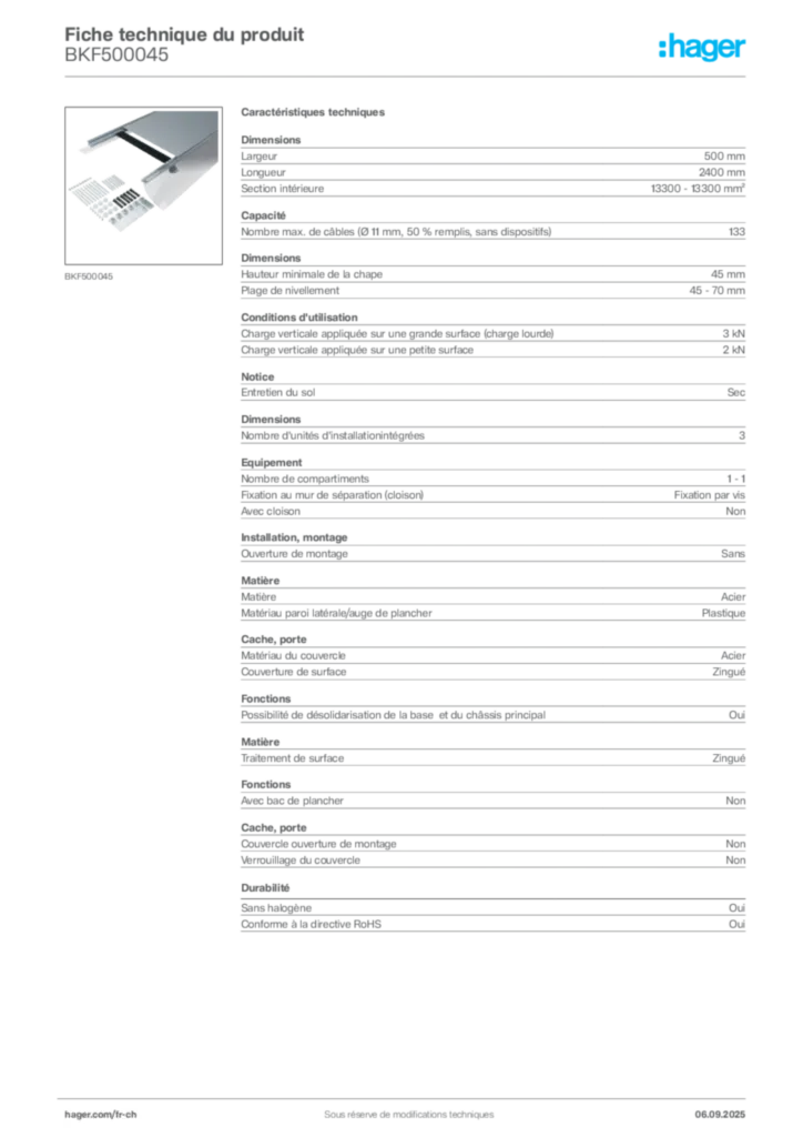 Image Hager Fiche technique du produit BKF500045 | Hager Suisse