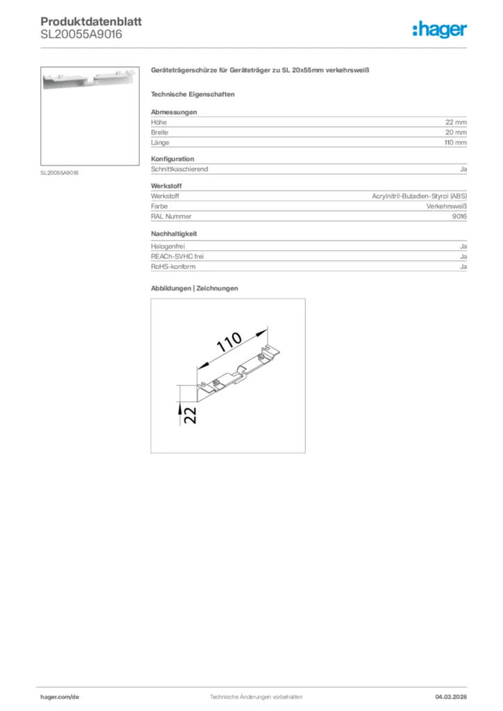 Bild Hager Produktdatenblatt SL20055A9016 | Hager Deutschland
