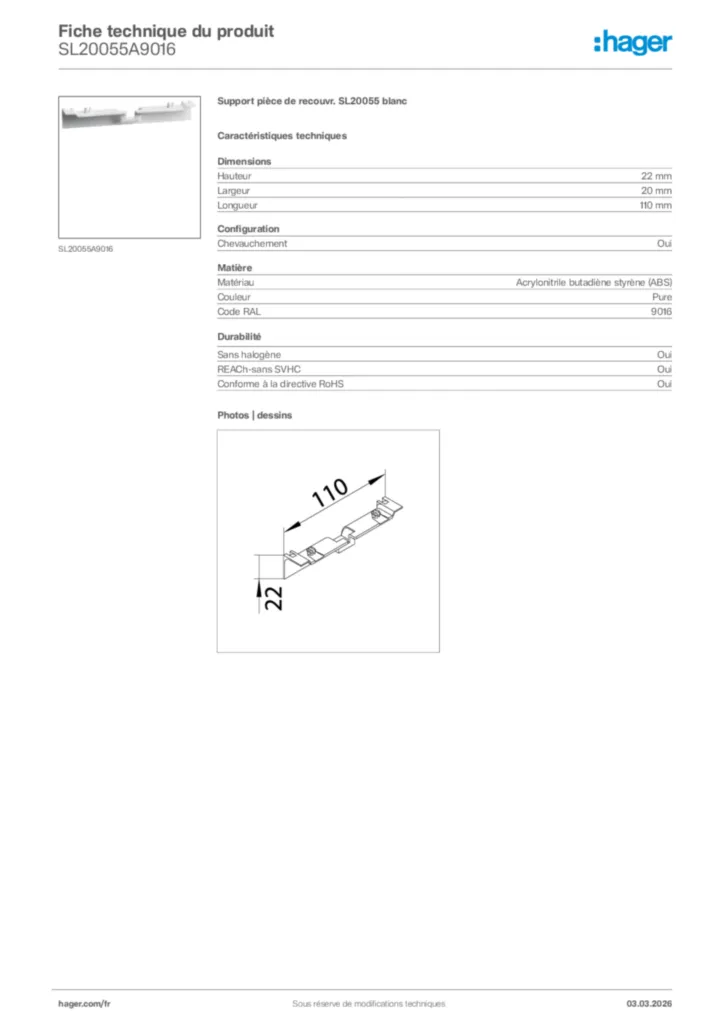 Image Hager Fiche technique du produit SL20055A9016 | Hager France