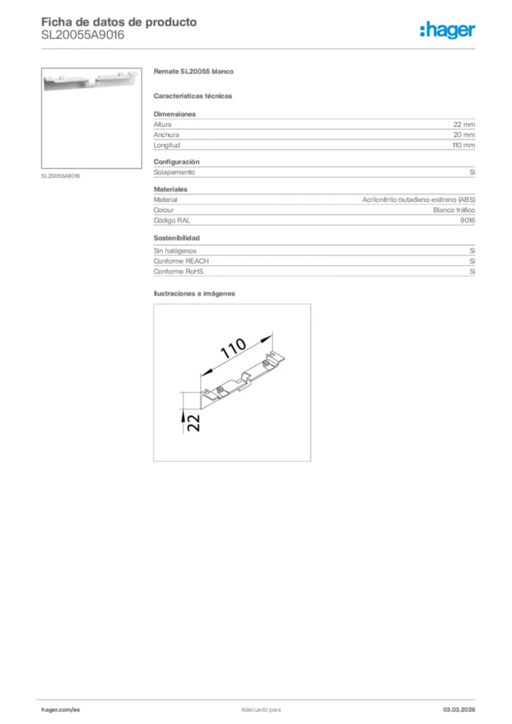 Imagen Hager Ficha de datos de producto SL20055A9016 | Hager España