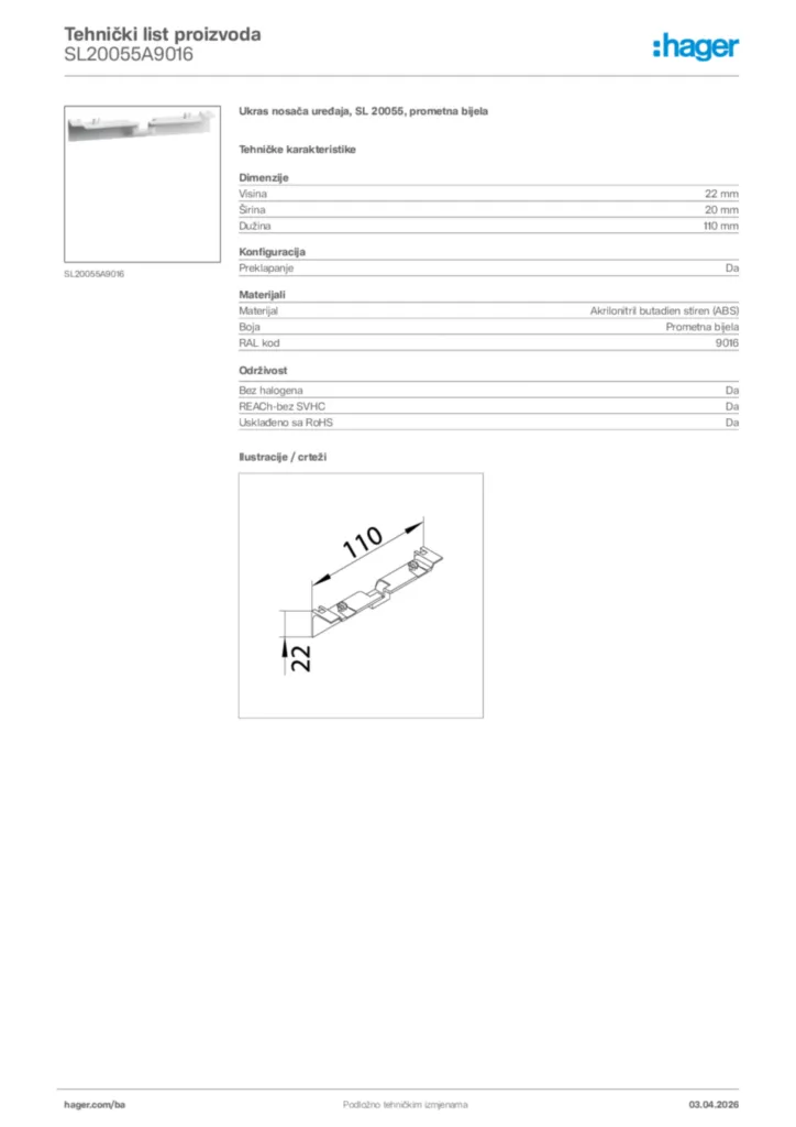 Slika Hager Tehnički list proizvoda SL20055A9016  | Hager