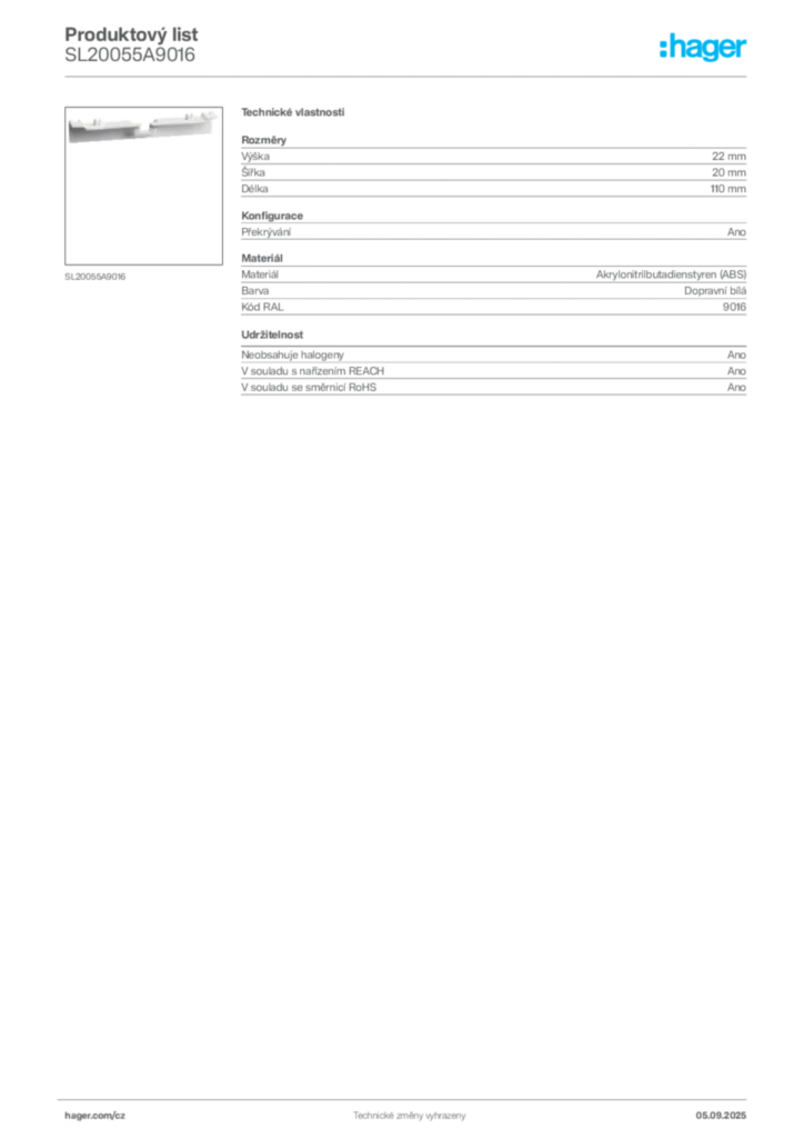 Obrázek Hager Produktový list SL20055A9016 | Hager