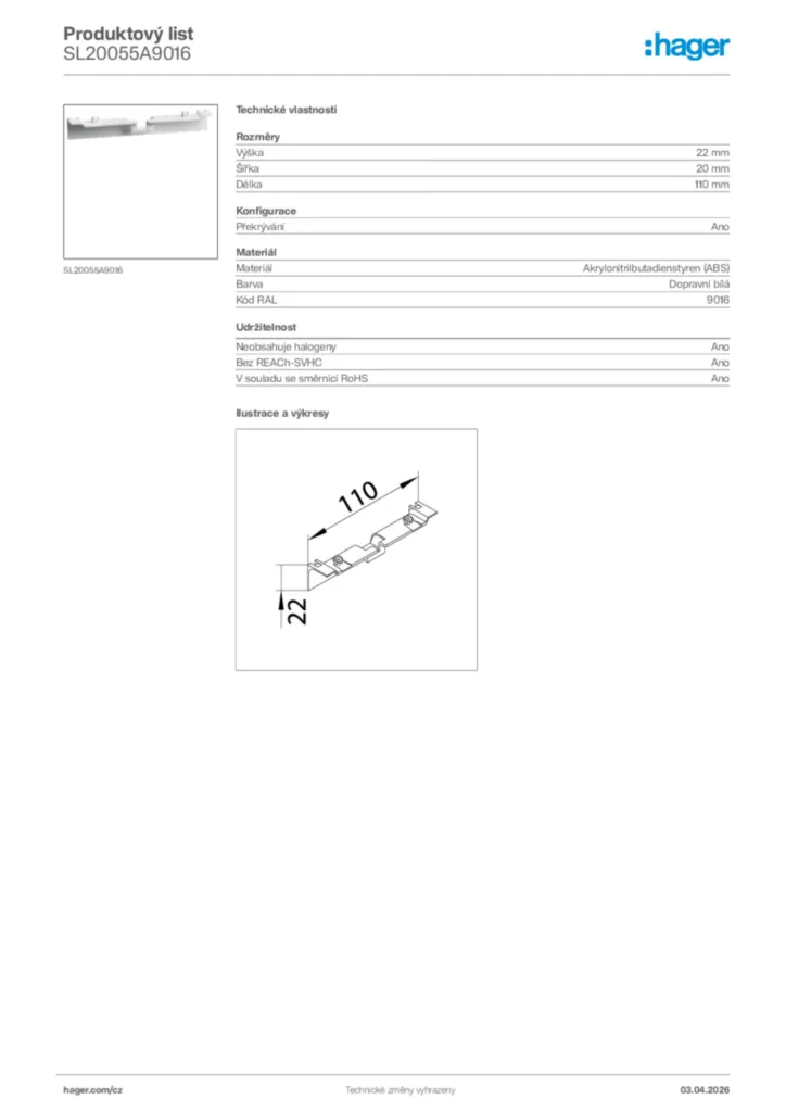 Obrázek Hager Product data sheet SL20055A9016 | Hager