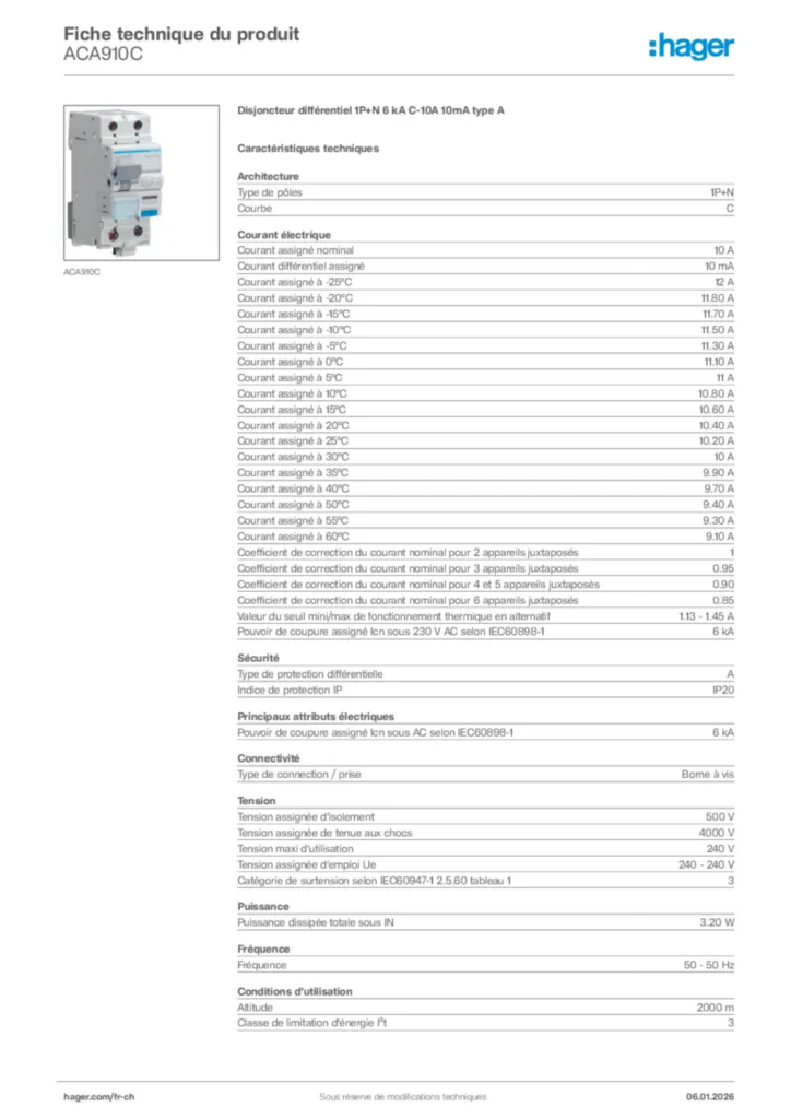 Image Hager Fiche technique du produit ACA910C | Hager Suisse