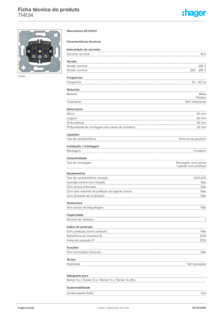 Imagem Hager Ficha técnica do produto 714134 | Hager Portugal