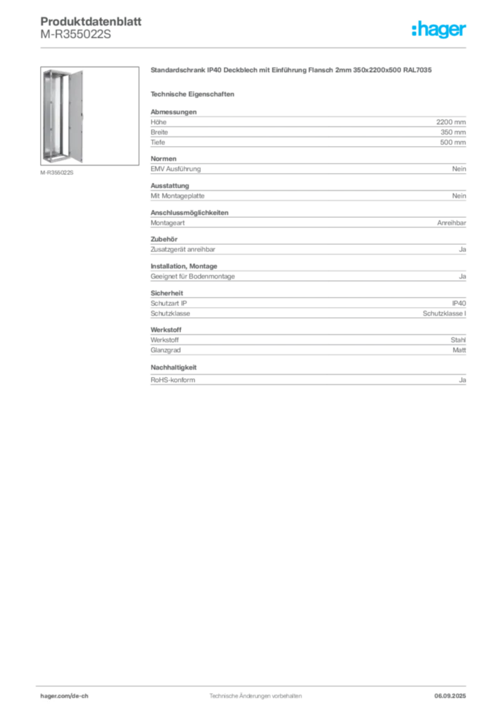 Bild Hager Produktdatenblatt M-R355022S | Hager Schweiz