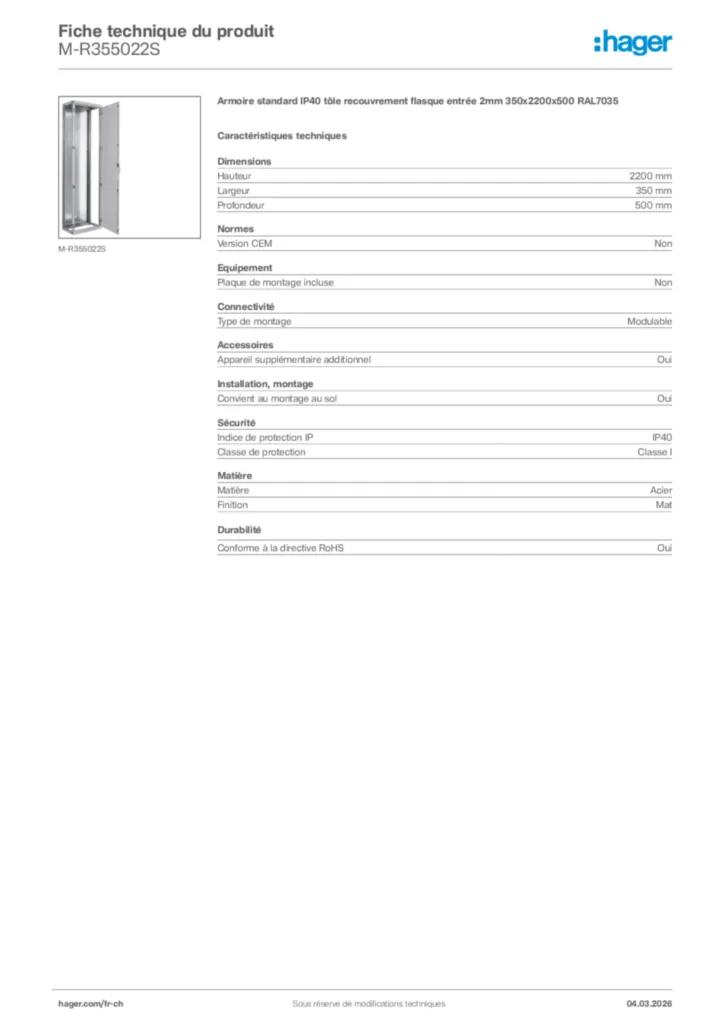 Image Hager Fiche technique du produit M-R355022S | Hager Suisse