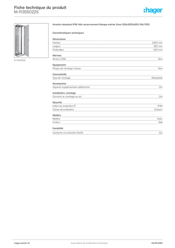 Image Hager Fiche technique du produit M-R355022S | Hager Suisse