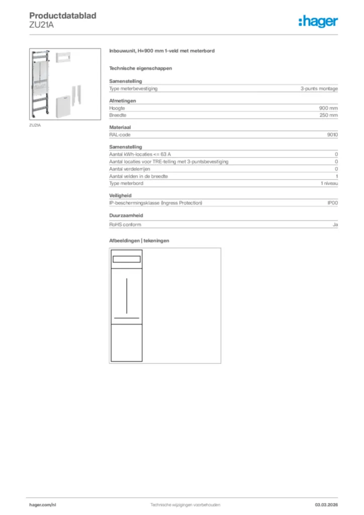 Afbeelding Hager Productdatablad ZU21A | Hager Nederland