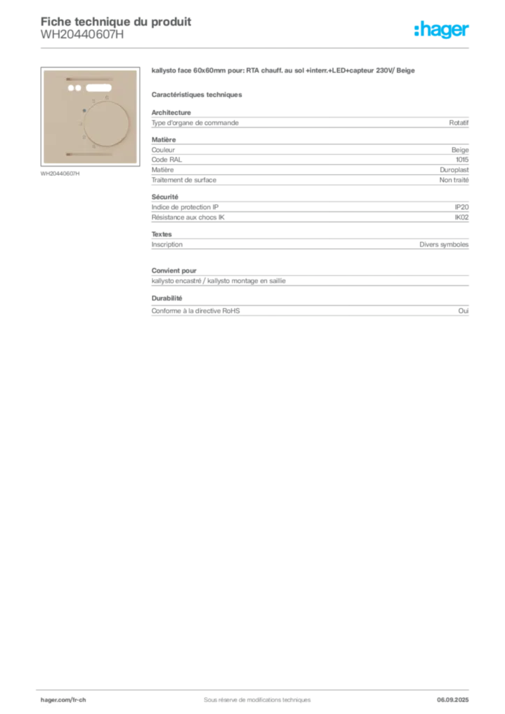 Image Hager Fiche technique du produit WH20440607H | Hager Suisse