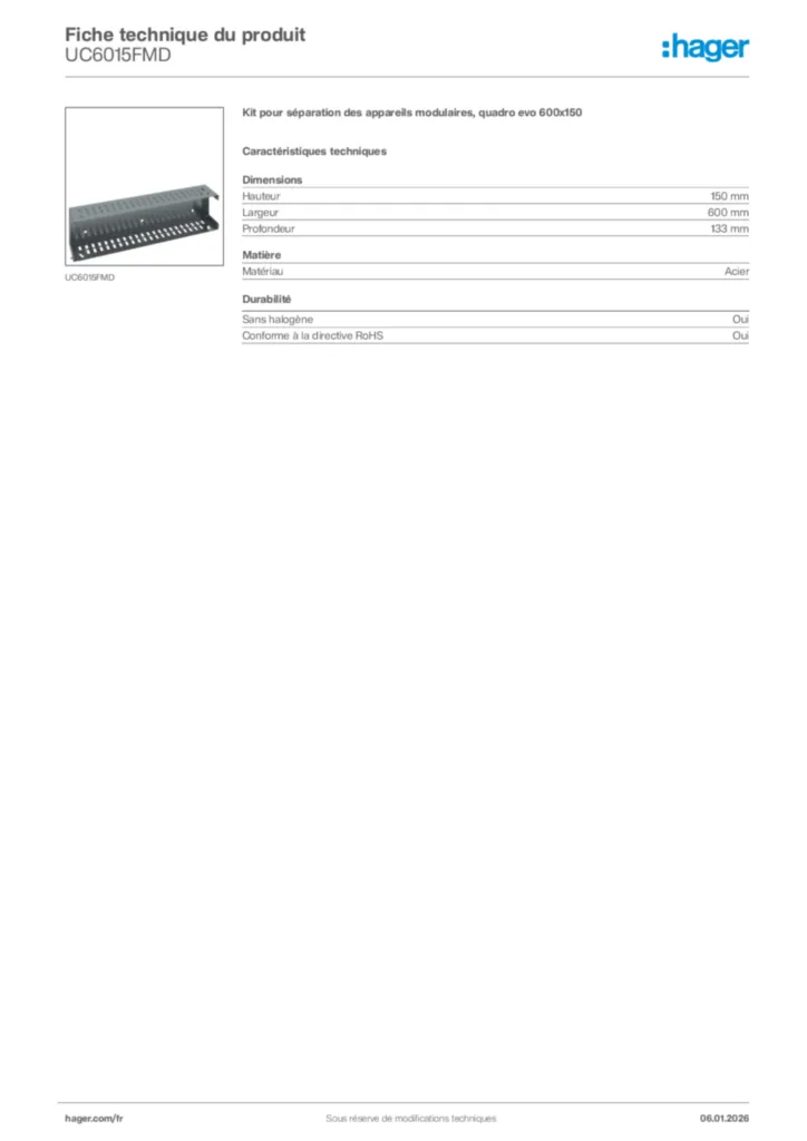 Image Hager Fiche technique du produit UC6015FMD | Hager France