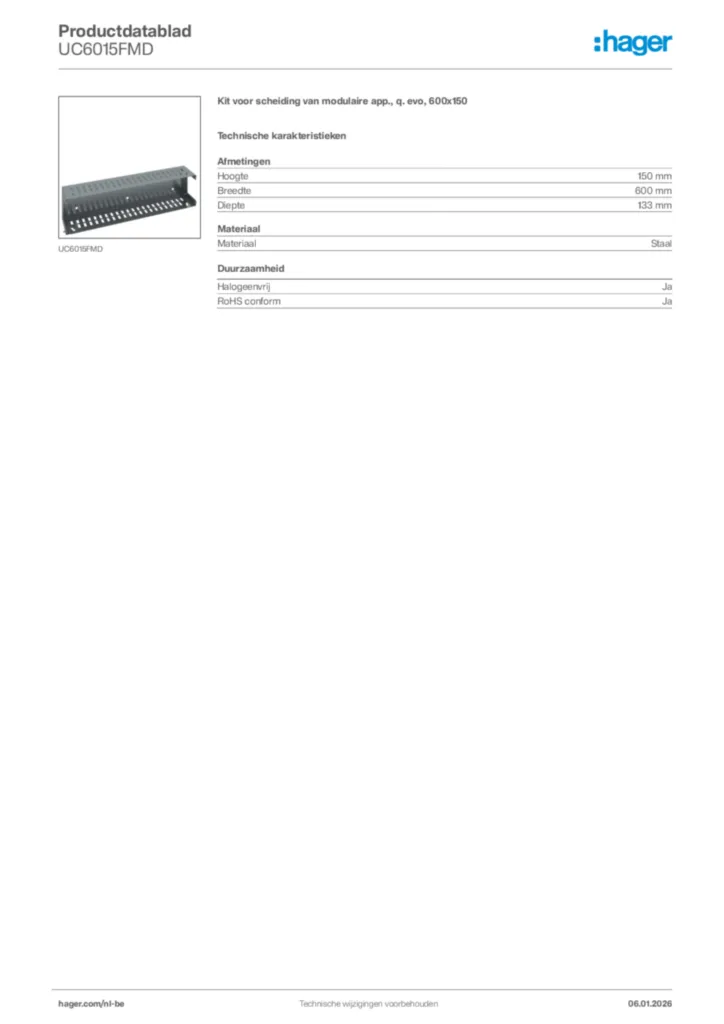 Afbeelding Hager Productdatablad UC6015FMD | Hager Belgium