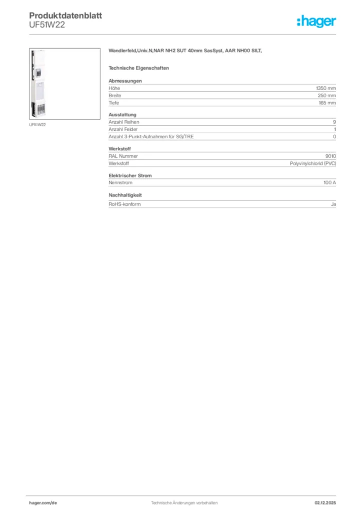 Bild Hager Produktdatenblatt UF51W22 | Hager Deutschland
