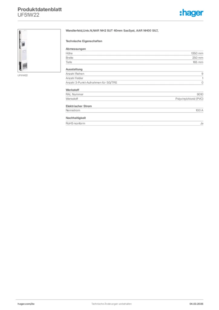 Bild Hager Produktdatenblatt UF51W22 | Hager Deutschland