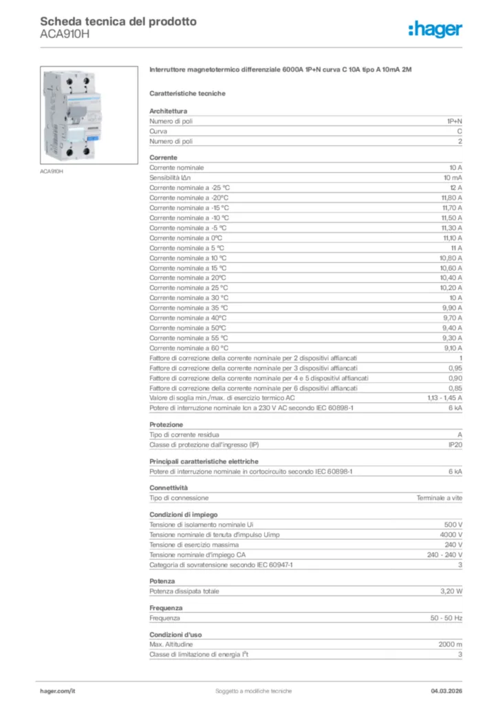 Immagine Hager Scheda tecnica del prodotto ACA910H | Hager Italia