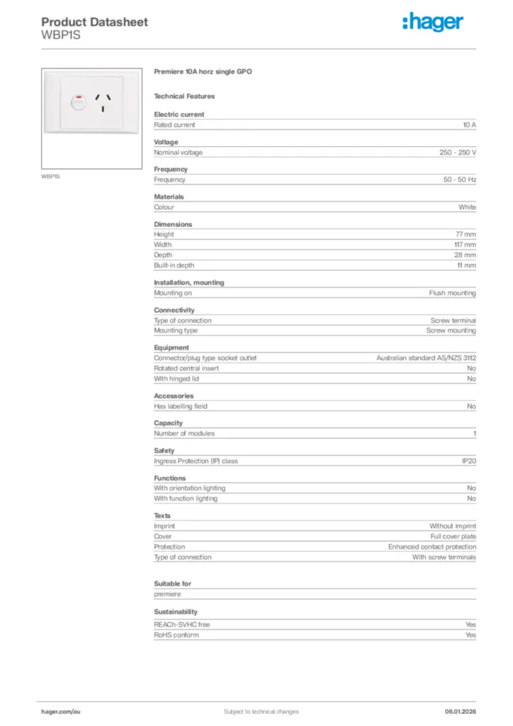 Image Hager Product data sheet WBP1S  | Hager Australia