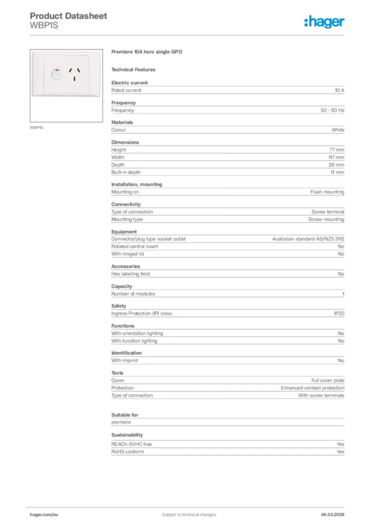 Image Hager Product data sheet WBP1S  | Hager Australia