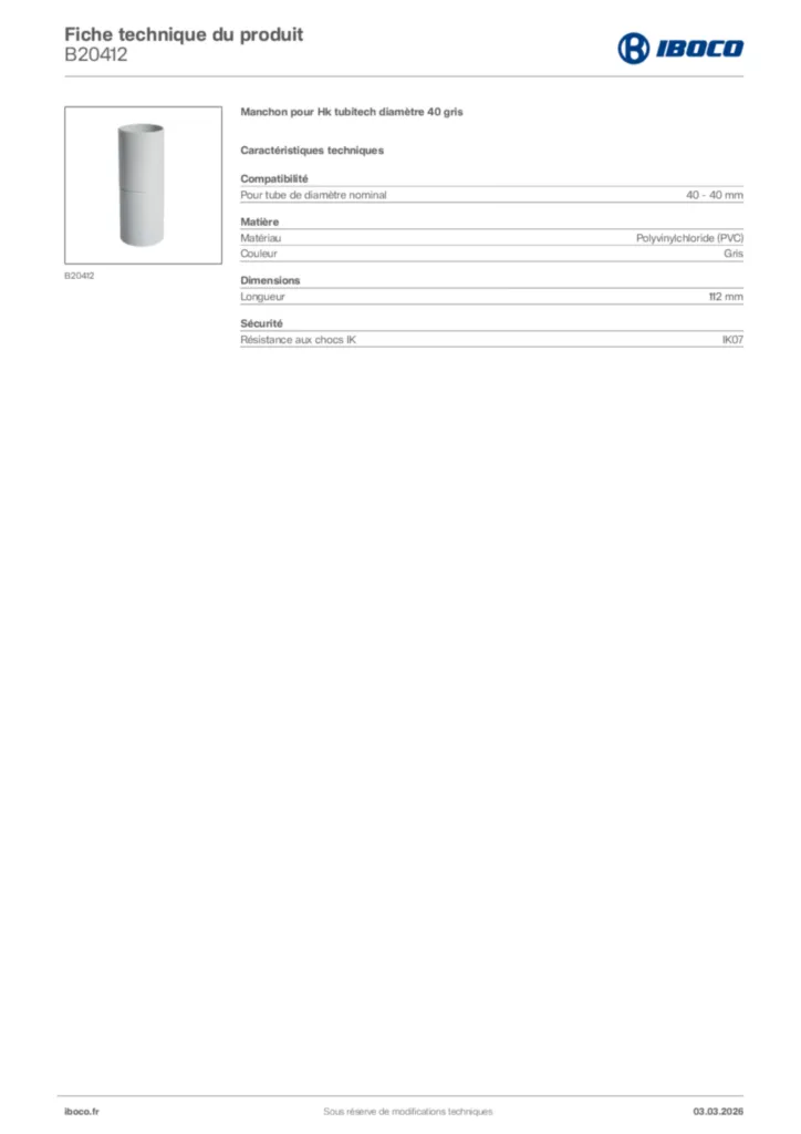Image Iboco Fiche technique du produit B20412 | Hager France