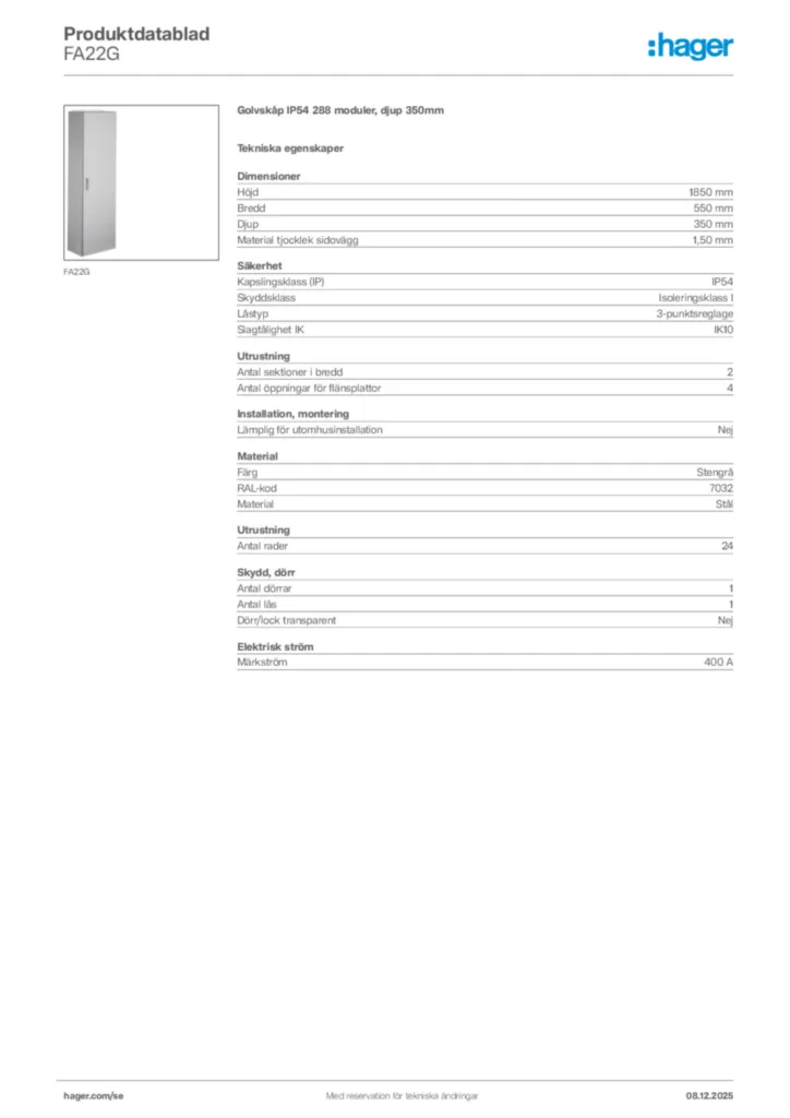 Bild Hager Produktdatablad FA22G | Hager Sverige