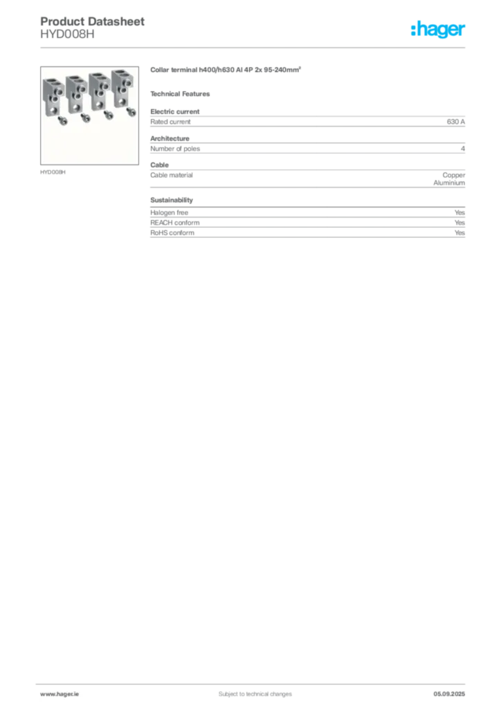 Image Hager Product data sheet HYD008H  | Hager