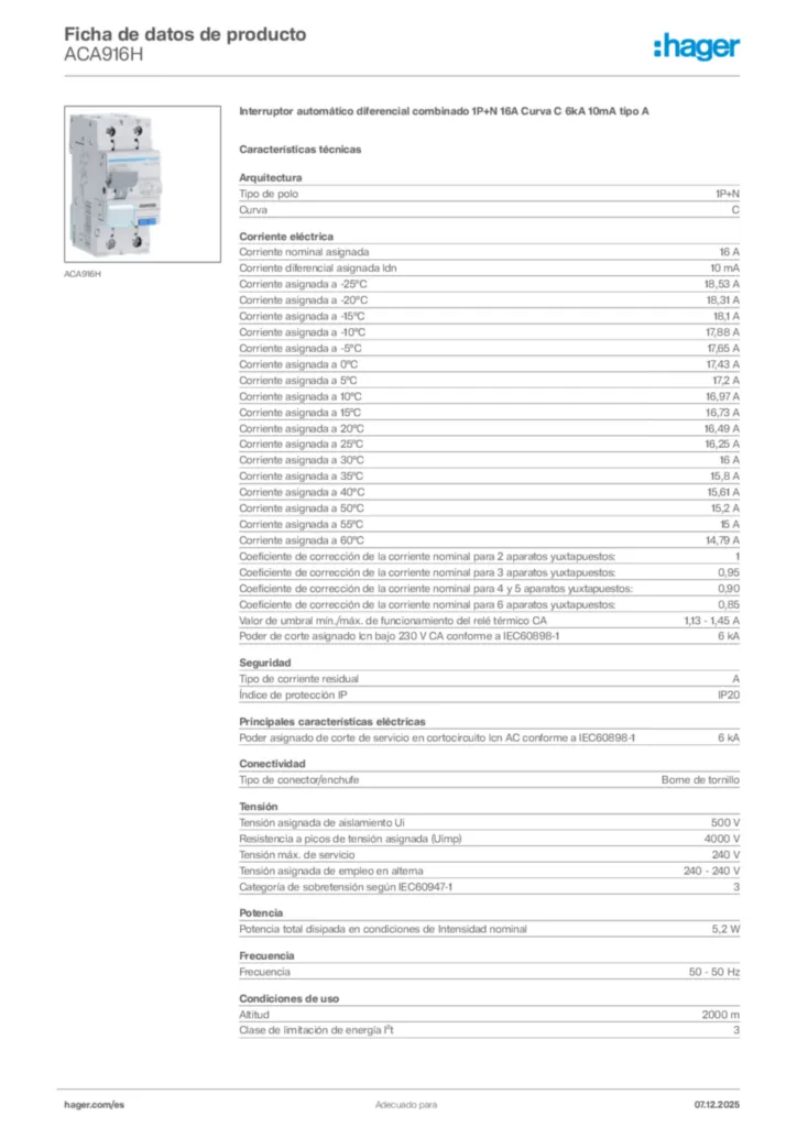 Imagen Hager Ficha de datos de producto ACA916H | Hager España