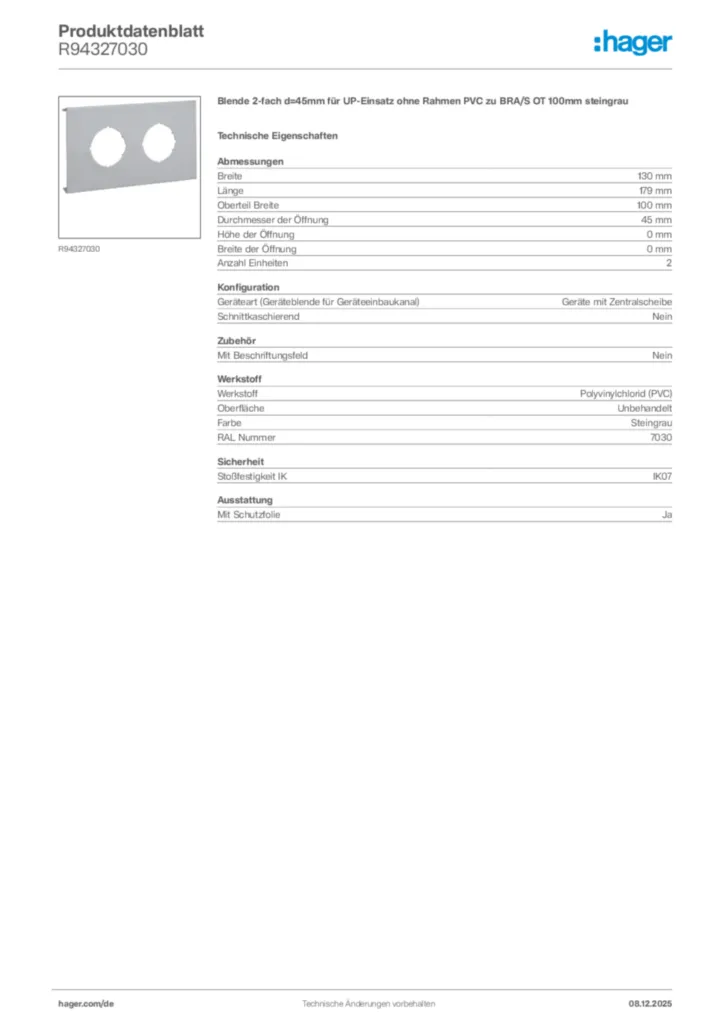 Bild Hager Produktdatenblatt R94327030 | Hager Deutschland
