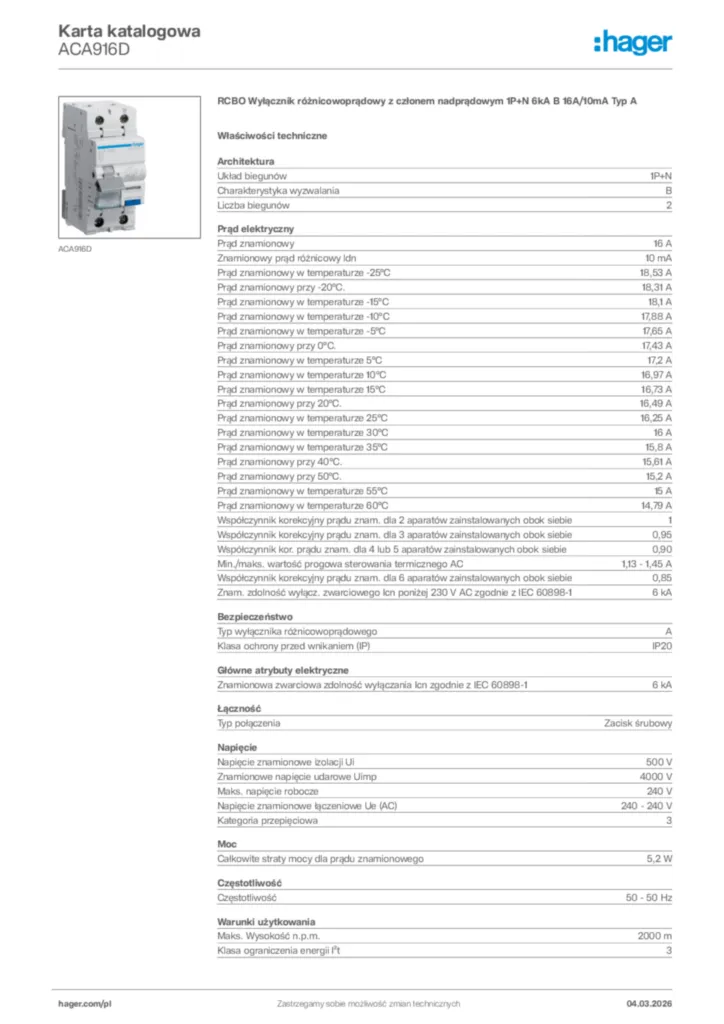 Zdjęcie Hager Karta katalogowa ACA916D | Hager Polska