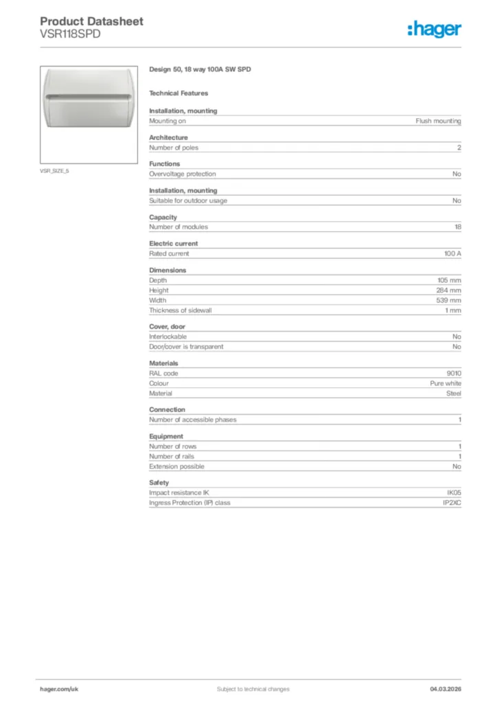 Image Hager Product data sheet VSR118SPD  | Hager