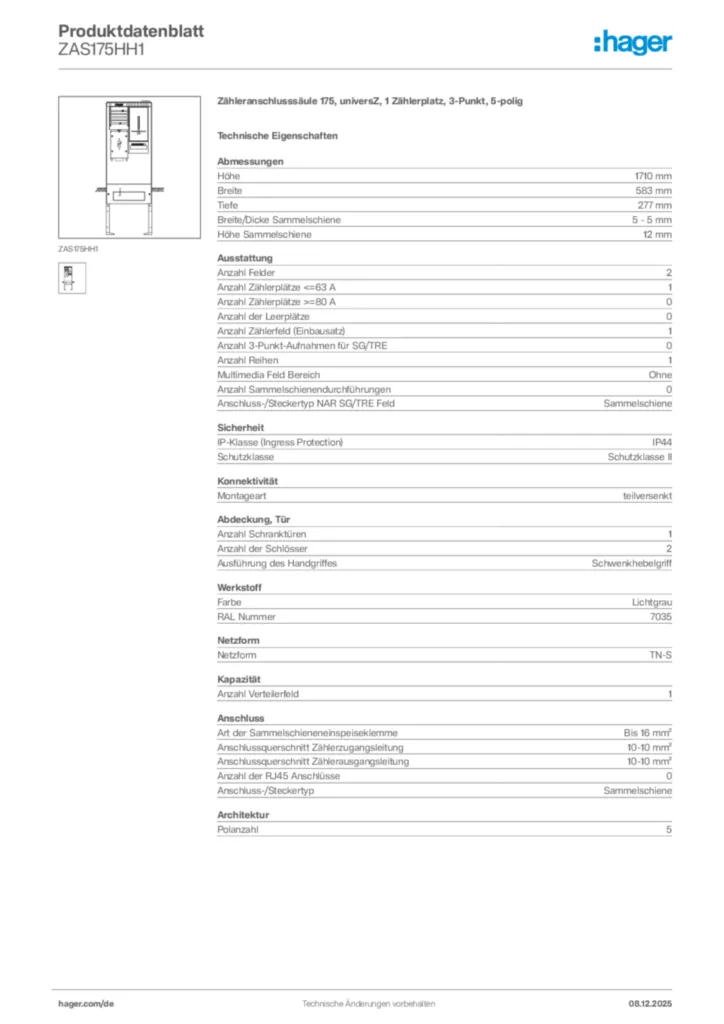 Bild Hager Produktdatenblatt ZAS175HH1 | Hager Deutschland