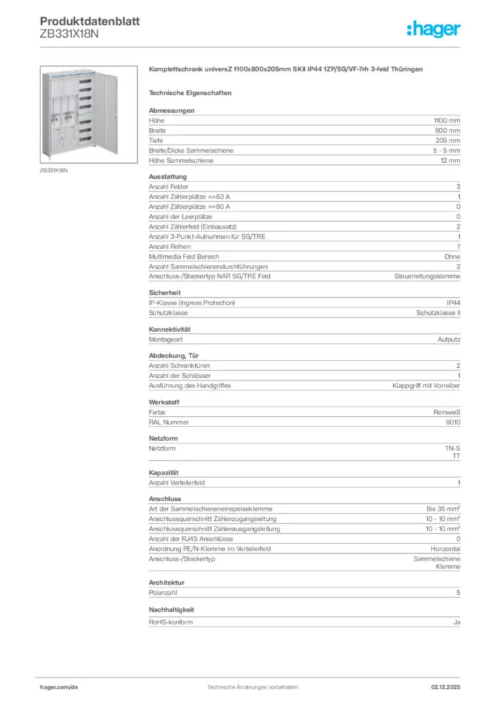Bild Hager Produktdatenblatt ZB331X18N | Hager Deutschland
