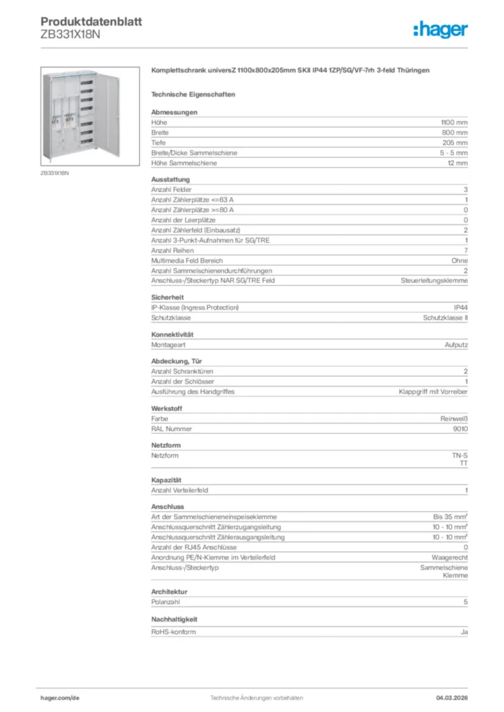 Bild Hager Produktdatenblatt ZB331X18N | Hager Deutschland