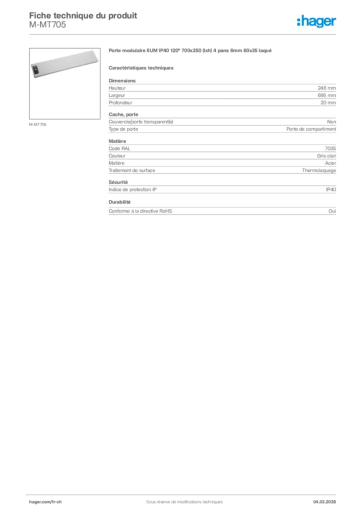 Image Hager Fiche technique du produit M-MT705 | Hager Suisse