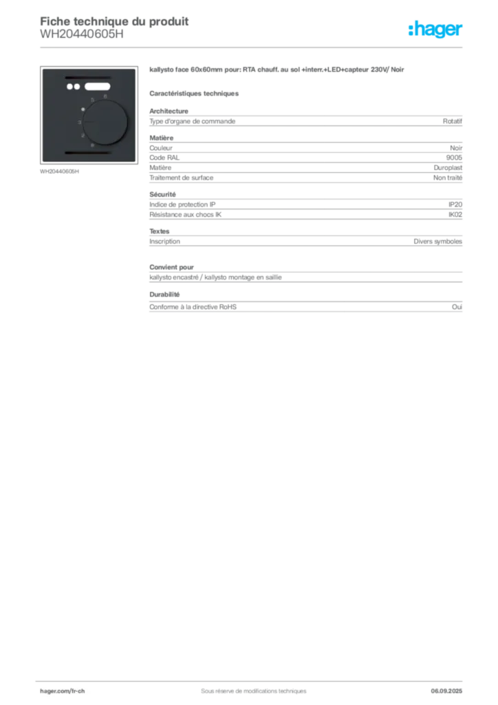 Image Hager Fiche technique du produit WH20440605H | Hager Suisse